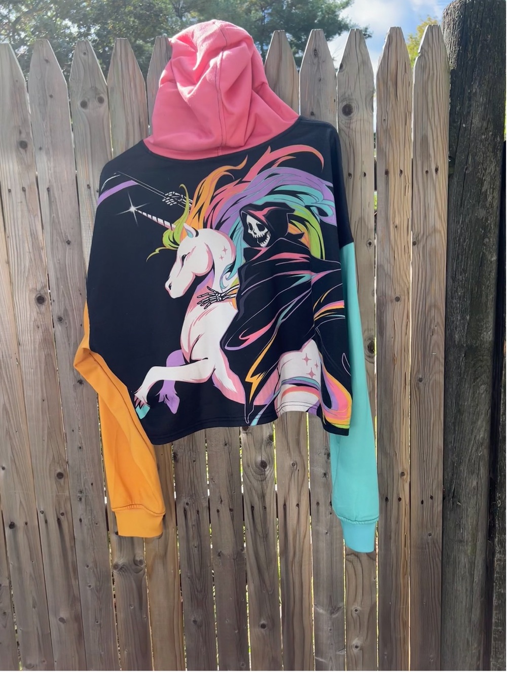 Woman’s Multicolor Unicorn & Reaper Colorblock Cropped Hoodie